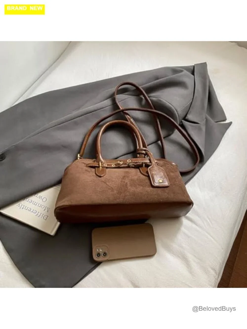 Faux Suede Slouchy Hobo Tote Bag with Crossbody Strap Large Capacity Vintage
